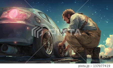 タイヤ交換をする作業風景 137077419