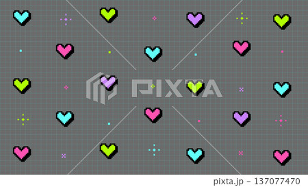 8bitレトロゲーム風ビビッドなハートとキラキラが並ぶ背景グレー水色グリッド 137077470