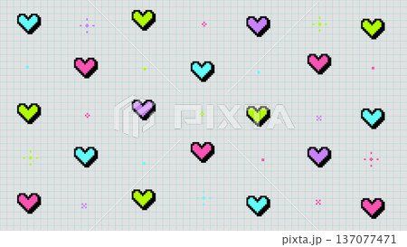 8bitレトロゲーム風ビビッドなハートとキラキラが並ぶ背景白水色グリッド 137077471