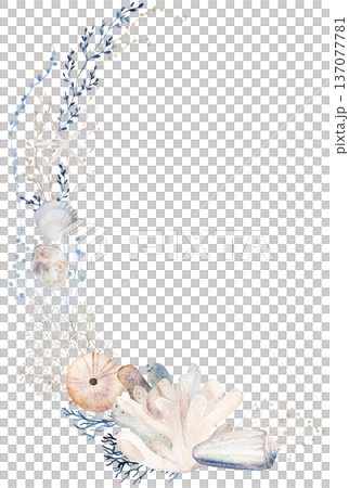 Bouquet with beige, blue and grey watercolor seashells, isolated illustration for coastal beach wedding Bouquet with beige, blue and grey watercolor seashells, isolated illustration for coastal beach wedding 137077781