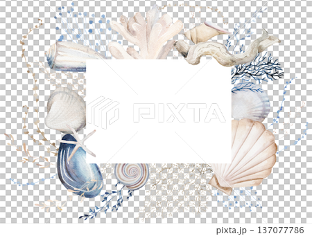 Wreath with beige, blue and grey watercolor seashells, isolated illustration for coastal beach wedding Wreath with beige, blue and grey watercolor seashells, isolated illustration for coastal beach wedding 137077786