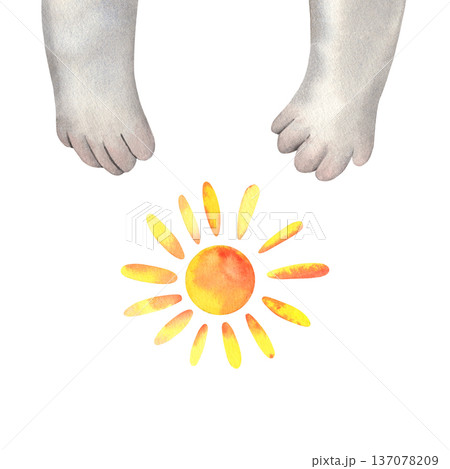 Cute koala paws near children drawing sun. Hand-painted watercolor illustration isolated on white background for kids branding, cards, art studios, workshops, prints, packaging, creative designs Cute koala paws near children drawing sun. Hand-painted watercolor illustration isolated on white background for kids branding, cards, art studios, workshops, prints, packaging, creative designs 137078209