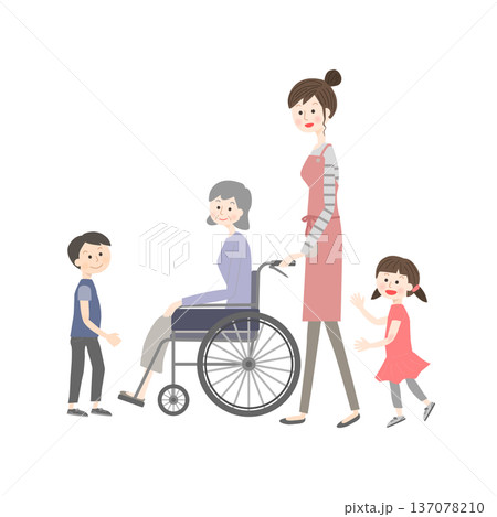 車いすで出かけるシニア女性と家族 車いすで出かけるシニア女性と家族 137078210