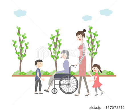 車いすで出かけるシニア女性と家族 137078211