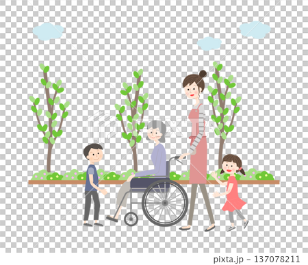 一位老婦人和家人坐著輪椅外出 137078211