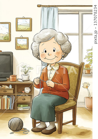 自宅で編み物を楽しむシニア女性｜穏やかなリビング時間 137078234