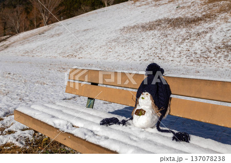 雪のベンチに座る青い帽子の雪だるま 137078238