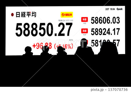 日本の東京都市景観最高値更新5万8850円27銭株価/終値。3日連続で最高値更新＝2月27日 137078736