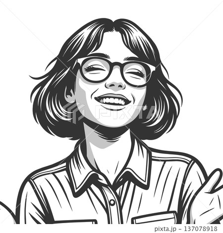 Smiling Woman with Glasses engraving sketch vector 137078918