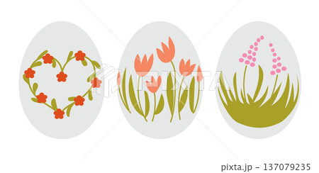 Easter egg set with floral decoration including heart wreath tulip bouquet and spring flower composition in flat style vector illustration. Spring holiday concept symbolizing easter celebration Easter egg set with floral decoration including heart wreath tulip bouquet and spring flower composition in flat style vector illustration. Spring holiday concept symbolizing easter celebration 137079235
