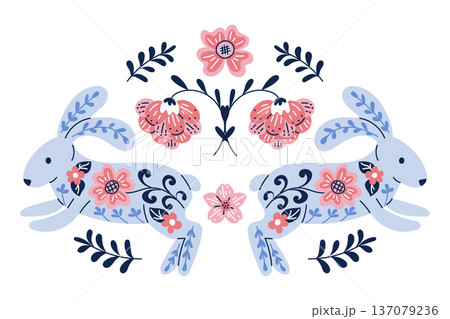 Folk easter composition with two rabbit figures decorated with floral ornament and flowers in flat vector style. Spring holiday concept symbolizing tradition celebration symmetry and nature Folk easter composition with two rabbit figures decorated with floral ornament and flowers in flat vector style. Spring holiday concept symbolizing tradition celebration symmetry and nature 137079236