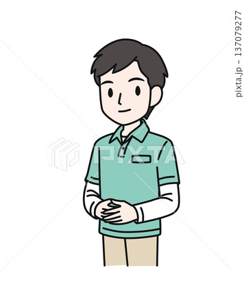 両手を前で組んでかしこまるポロシャツを着た介護職の男性のイラスト素材 137079277