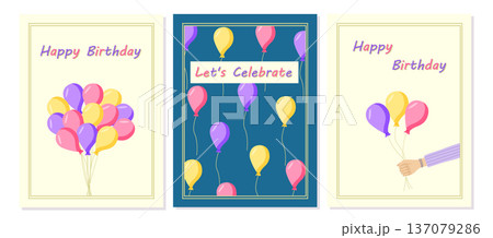 Happy Birthday cards with balloons set. Vector illustration with bright balls, happy birthday greeting cards Happy Birthday cards with balloons set. Vector illustration with bright balls, happy birthday greeting cards 137079286