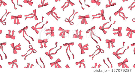 Seamless pattern pink bows and ribbons cartoon style. Coquette bow for hair decoration, celebration party items, gift packaging, present cards and luxury wrap pack Seamless pattern pink bows and ribbons cartoon style. Coquette bow for hair decoration, celebration party items, gift packaging, present cards and luxury wrap pack 137079287