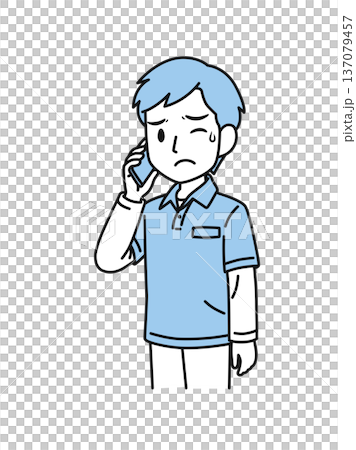 Illustration material of a man working as a caregiver wearing a polo shirt making unpleasant phone calls on his smartphone Illustration material of a man working as a caregiver wearing a polo shirt making unpleasant phone calls on his smartphone 137079457