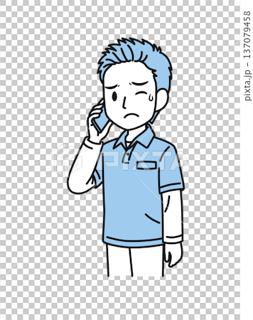 Illustration material of a man working as a caregiver wearing a polo shirt making unpleasant phone calls on his smartphone 137079458