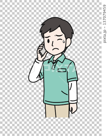 Illustration material of a man working as a caregiver wearing a polo shirt making unpleasant phone calls on his smartphone 137079459