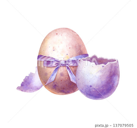 Easter composition of a whole egg with a purple bow and a broken egg. Watercolor illustration of colored eggs on an isolated background. The traditional element of the Easter holiday. 137079505