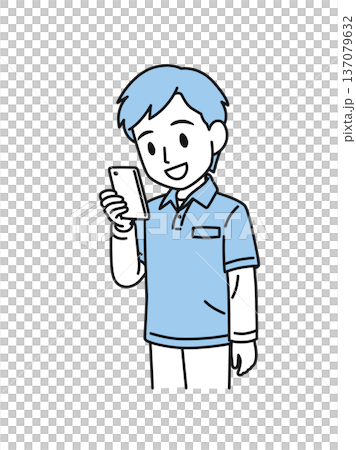 Illustration material of a male caregiver wearing a polo shirt looking at a smartphone Illustration material of a male caregiver wearing a polo shirt looking at a smartphone 137079632