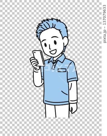 Illustration material of a male caregiver wearing a polo shirt looking at a smartphone 137079633
