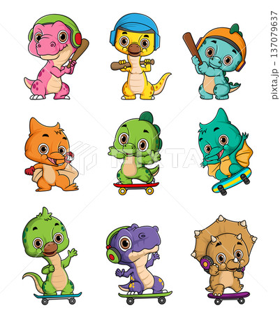 Cute Baby Dinosaur Sports Cartoon Collection Isolated on White Background 137079637
