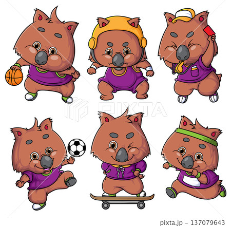 Cute Wombat Sports Character Set Playing Active Games 137079643