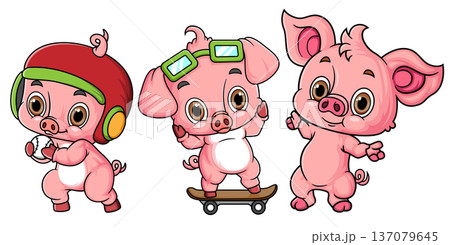 Cute Cartoon Baby Pigs Characters Set Isolated Pink Funny 137079645