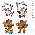 Cute Cartoon Cow and Bull Characters Playing Skateboard and Baseball 137079649