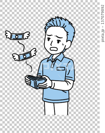 Illustration material of a man in a polo shirt who is disappointed to see money flying out of his wallet Illustration material of a man in a polo shirt who is disappointed to see money flying out of his wallet 137079892