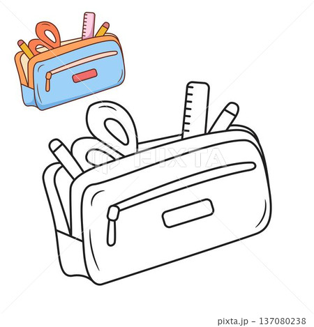 Minimal line art illustration of a pencil case filled with school supplies and a color reference. 137080238