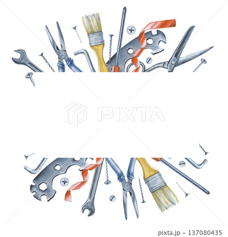 Watercolor square frame with men's tools for home renovation. The illustration with metal tools is made by hand on an isolated background. A realistic template for business cards and advertising 137080435