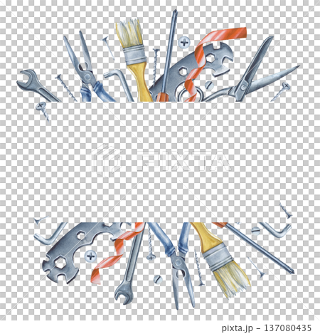 Watercolor square frame with men's tools for home renovation. The illustration with metal tools is made by hand on an isolated background. A realistic template for business cards and advertising 137080435