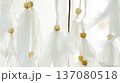 White feathers and wooden beads hanging from a dreamcatcher, creating a soft, ethereal backdrop in bright, airy light, representing peace, spirituality, and good dreams 137080518