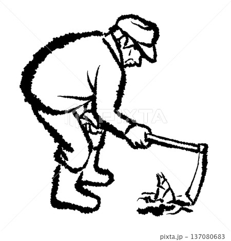 クワでたけのこを掘る生産者 筆タッチのベクター線画イラスト クワでたけのこを掘る生産者 筆タッチのベクター線画イラスト 137080683