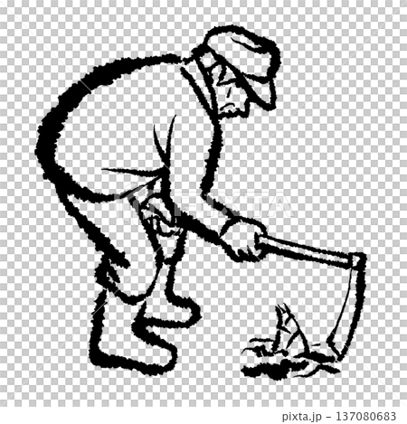 クワでたけのこを掘る生産者 筆タッチのベクター線画イラスト クワでたけのこを掘る生産者 筆タッチのベクター線画イラスト 137080683