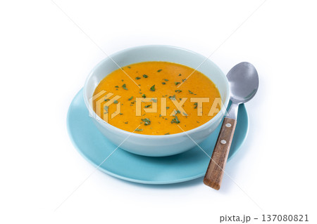 Creamy carrot soup in Blue Bowl Creamy carrot soup in Blue Bowl 137080821
