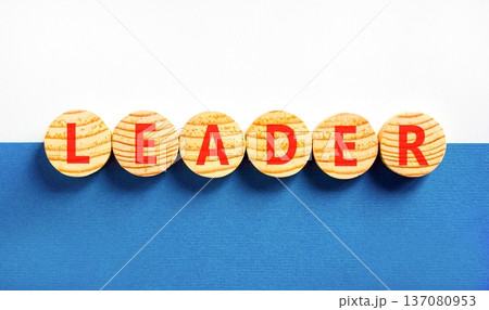 Leadership and leader symbol. Concept word Leader on beautiful wooden circles. Beautiful blue and white background. Business leader and leadership concept. Copy space. Leadership and leader symbol. Concept word Leader on beautiful wooden circles. Beautiful blue and white background. Business leader and leadership concept. Copy space. 137080953