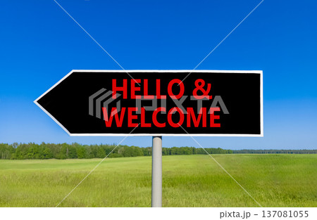 Hello and welcome symbol. Concept words Hello and welcome on beautiful black road sign. Beautiful blue sky green grass field background. Business hello and welcome concept. Copy space. Hello and welcome symbol. Concept words Hello and welcome on beautiful black road sign. Beautiful blue sky green grass field background. Business hello and welcome concept. Copy space. 137081055