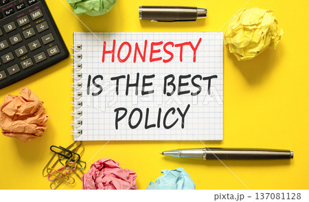 Honesty is the best policy symbol. Concept words Honesty is the best policy on beautiful white note. Beautiful yellow background. Black pen. Business honesty is the best policy concept. Copy space. 137081128