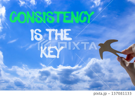 Consistency is the key symbol. Concept words Consistency is the key on beautiful blue sky. Beautiful blue sky background. Businessman's hand. Business consistency is the key concept. Copy space. Consistency is the key symbol. Concept words Consistency is the key on beautiful blue sky. Beautiful blue sky background. Businessman's hand. Business consistency is the key concept. Copy space. 137081133