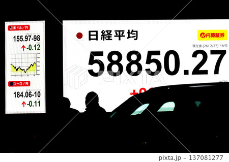 日本の東京都市景観最高値更新5万8850円27銭株価/終値。3日連続で最高値更新＝2月27日 137081277
