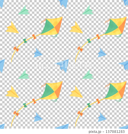 Seamless pattern. Kite, colorful paper planes, toys for children. In a flat style. Watercolor, pastel, gouache. For the design of children's products Seamless pattern. Kite, colorful paper planes, toys for children. In a flat style. Watercolor, pastel, gouache. For the design of children's products 137081283