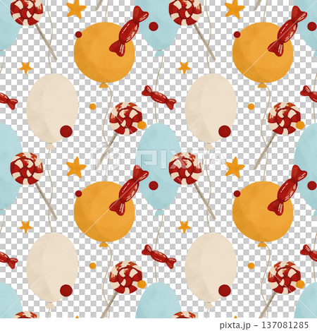 A festive seamless pattern, lollipop, candy, balloons, confetti. Flat style. Watercolor, pastel, gouache. Red, yellow, blue, beige. Design element 137081285