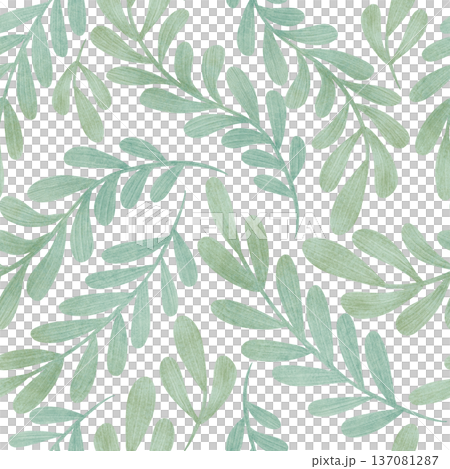 Seamless pattern. Beautiful green branches, leaves, smooth curves. flat style ornament, handdrawn. Watercolor, pastel, pencil. For product design 137081287
