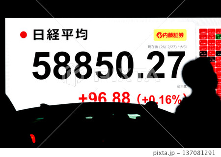 日本の東京都市景観最高値更新5万8850円27銭株価/終値。3日連続で最高値更新＝2月27日 137081291