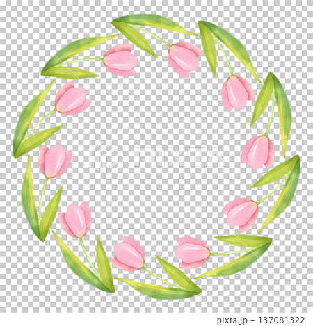 Round frame of fresh tulips with green leaves. Spring floral wreath hand painted in watercolor. Round frame of fresh tulips with green leaves. Spring floral wreath hand painted in watercolor. 137081322