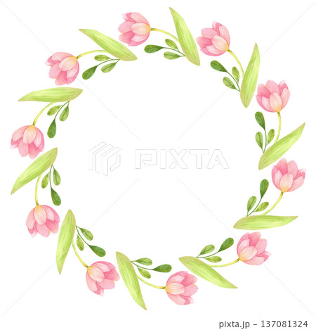 Round frame of fresh tulips with green branches. Spring floral wreath hand painted in watercolor. Round frame of fresh tulips with green branches. Spring floral wreath hand painted in watercolor. 137081324