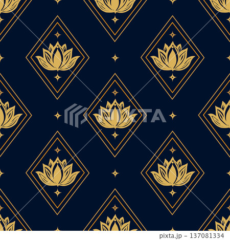 Elegant gold lotus flower pattern with geometric diamonds. High end seamless vector for luxury branding, premium packaging, wallpaper, and textiles. 137081334