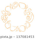 Fruit wreath illustration with apple, banana, pear, avocado, grapes and strawberry in line art style. Decorative border on white background for healthy design, package and card. 137081453