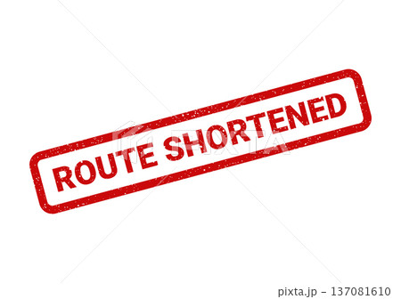 A distressed red rectangular rubber stamp showing an updated status that a route has been shortened 137081610